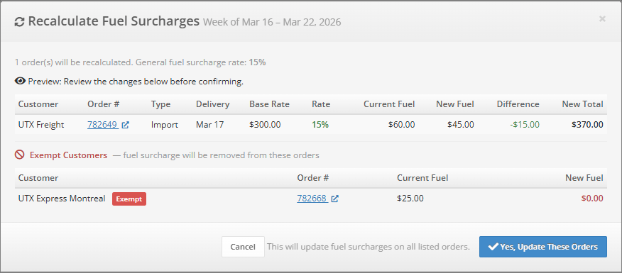 The Exempt Orders section inside the Recalculate modal, showing orders that will have fuel charges removed